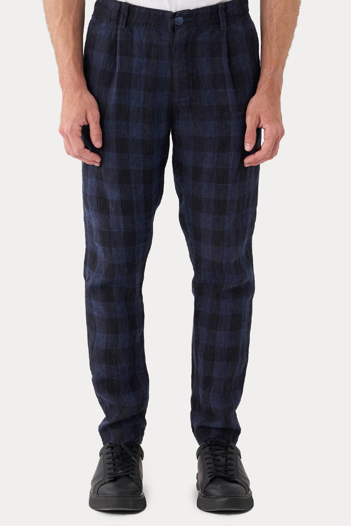 Transit Ekoseli Beli Lastikli Keten Pantolon