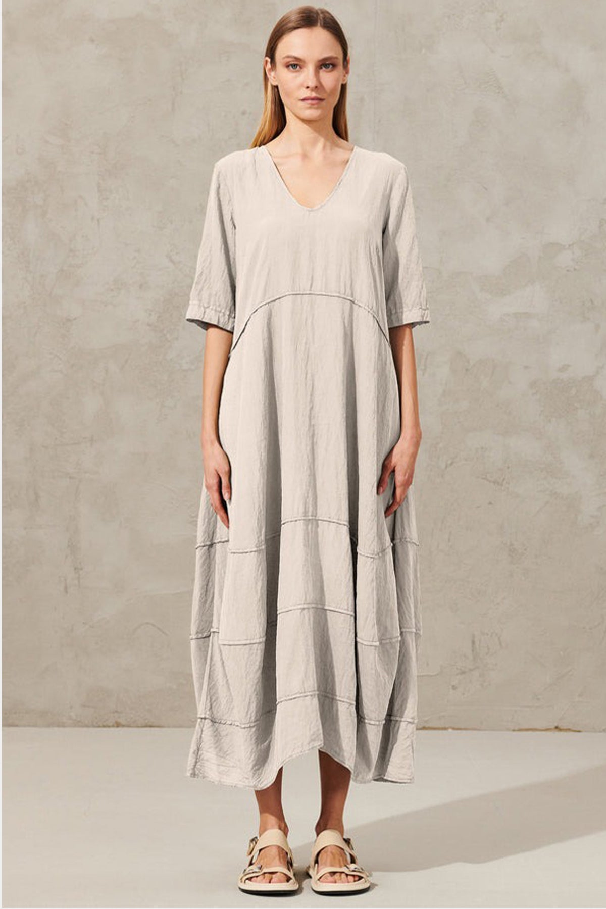 Transit V Yaka İpek Midi Elbise