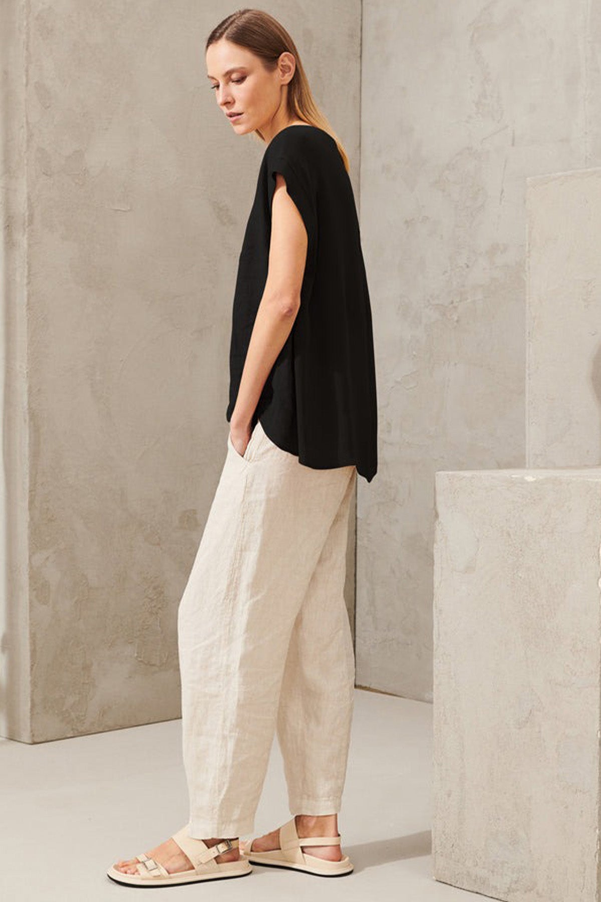 Transit Yuvarlak Yaka Keten Bluz