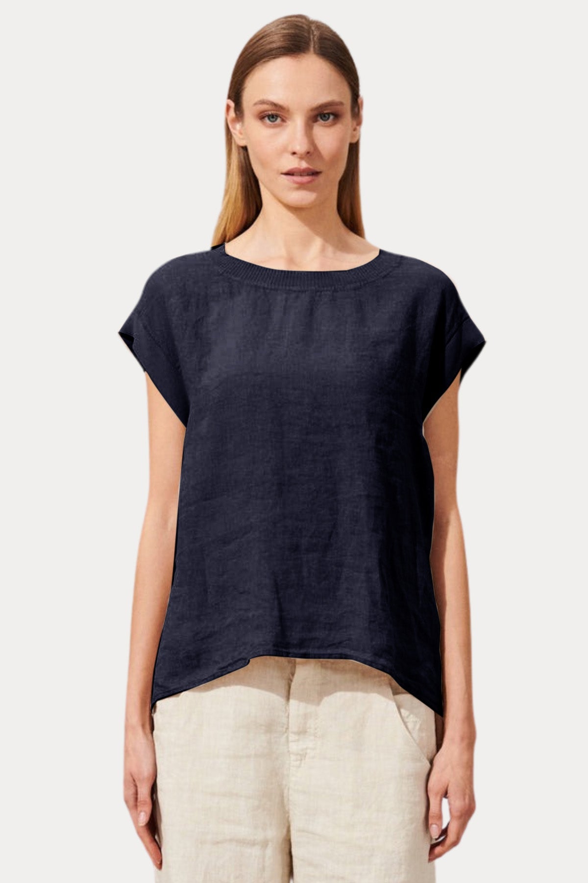 Transit Yuvarlak Yaka Keten Bluz