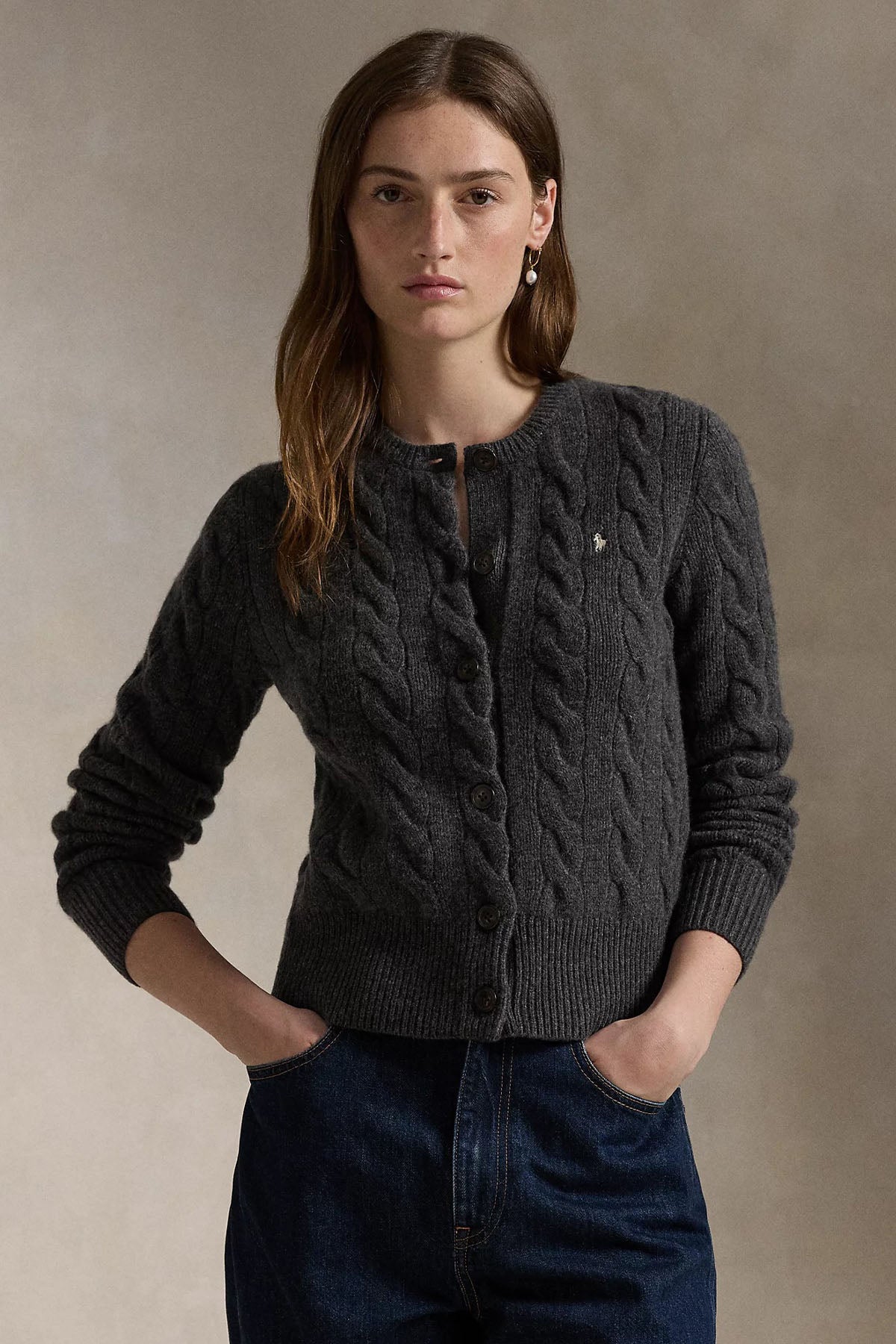 Polo Ralph Lauren Slim Fit Kaşmirli Saç Örgü Yün Triko Ceket