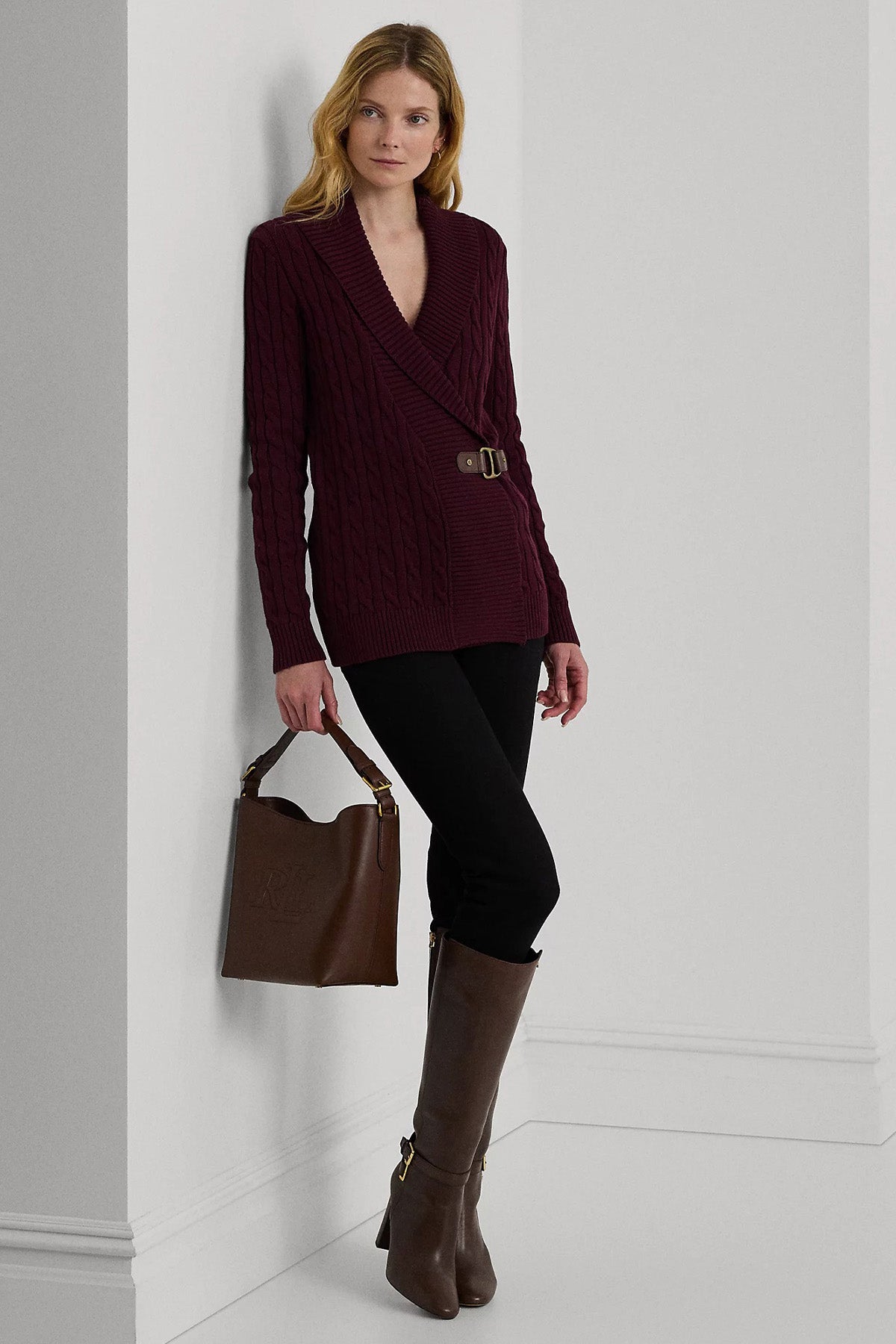 Polo Ralph Lauren Saç Örgü Kemerli Şal Yaka Triko Ceket