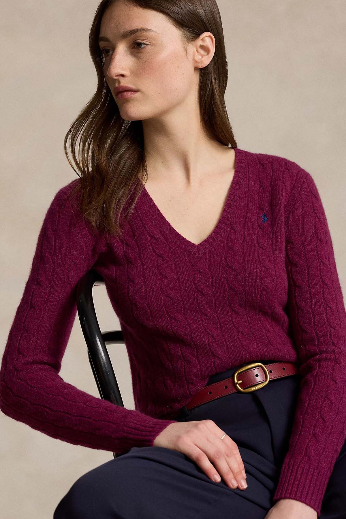 Polo Ralph Lauren Kaşmir Slim Fit V Yaka Saç Örgü Yün Triko