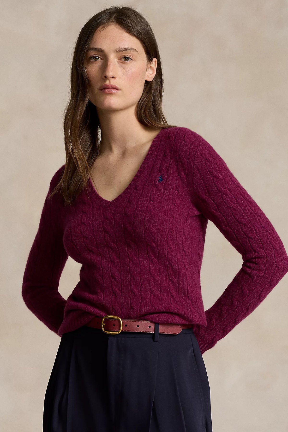 Polo Ralph Lauren Kaşmir Slim Fit V Yaka Saç Örgü Yün Triko