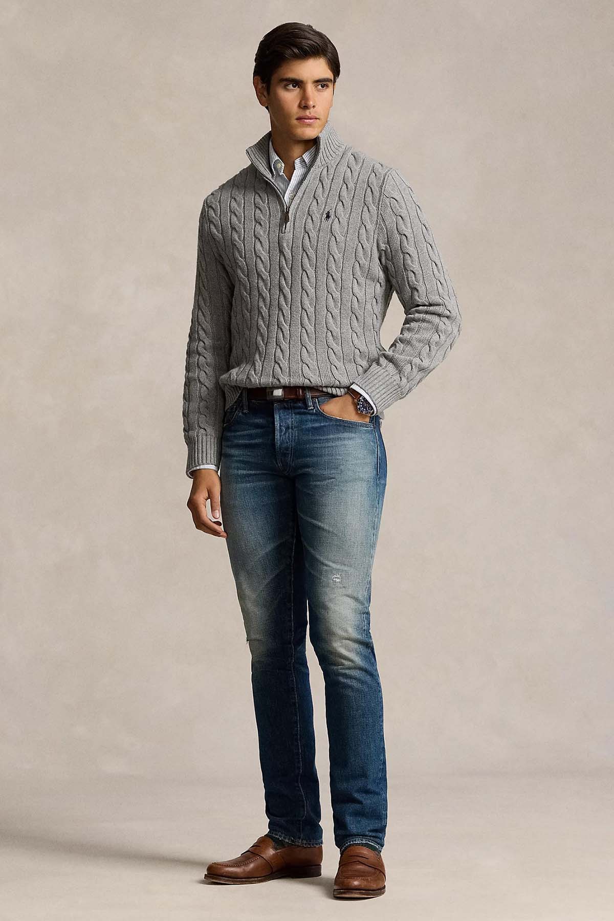 Polo Ralph Lauren Yarım Fermuarlı Dik Yaka Saç Örgü Triko