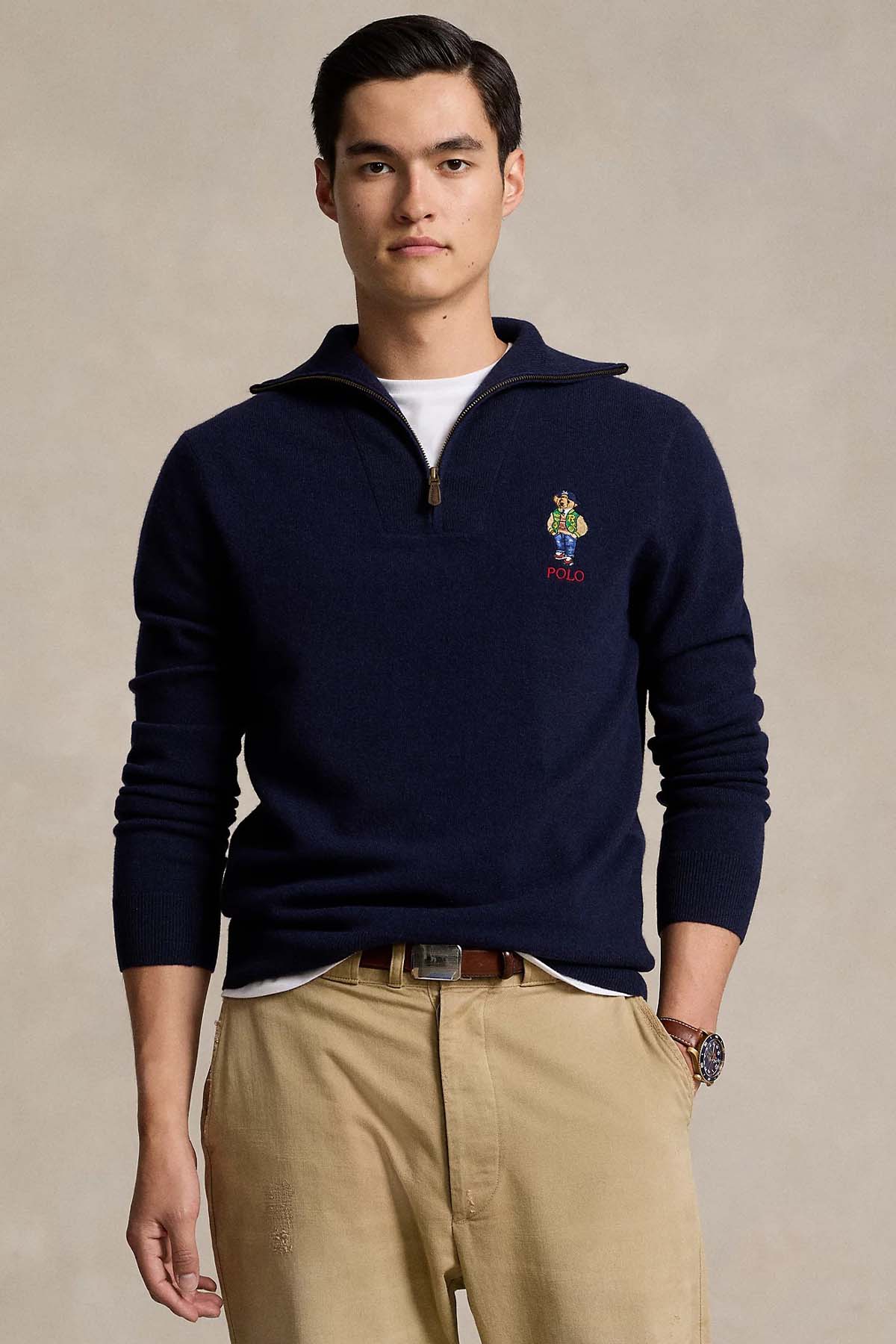Polo Ralph Lauren Dik Yaka Yarım Fermuarlı Polo Bear Örgü Yün