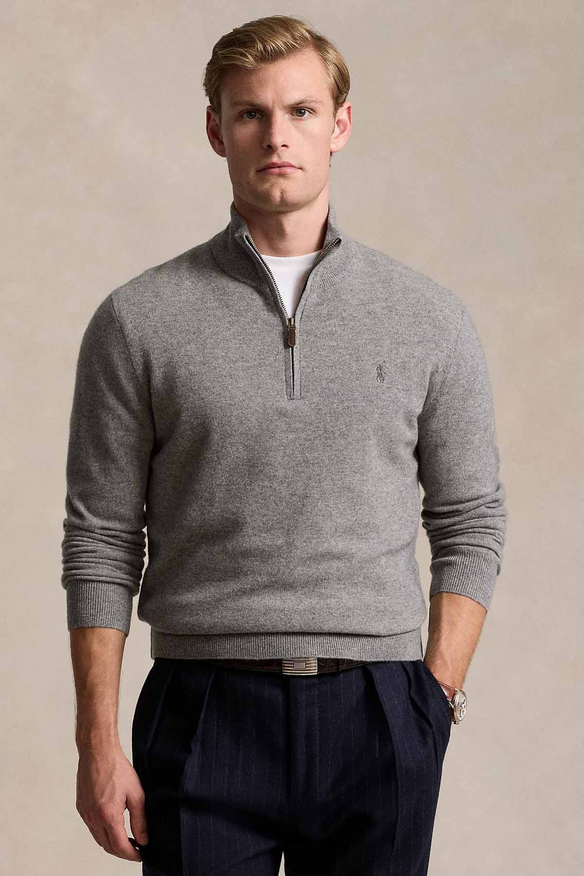 Polo Ralph Lauren Dik Yaka Yarım Fermuarlı İnce Örgü Yün Triko