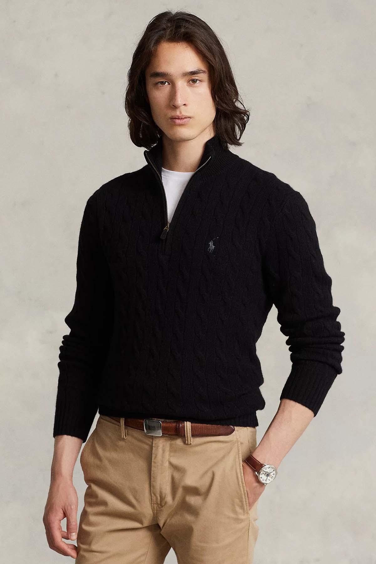 Polo Ralph Lauren Yarım Fermuarlı Dik Yaka Kaşmir Saç Örgü Yün Triko