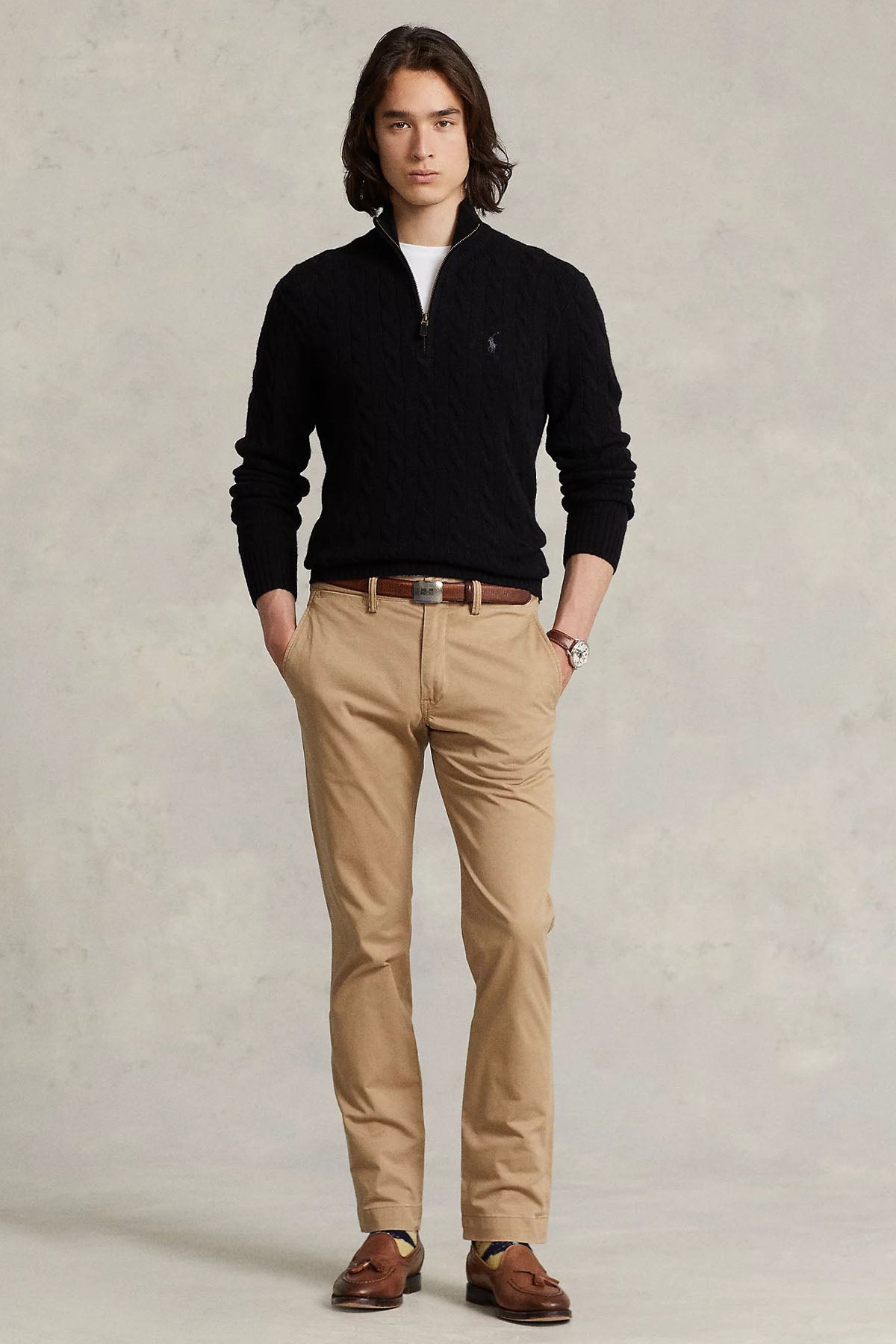 Polo Ralph Lauren Yarım Fermuarlı Dik Yaka Kaşmir Saç Örgü Yün Triko