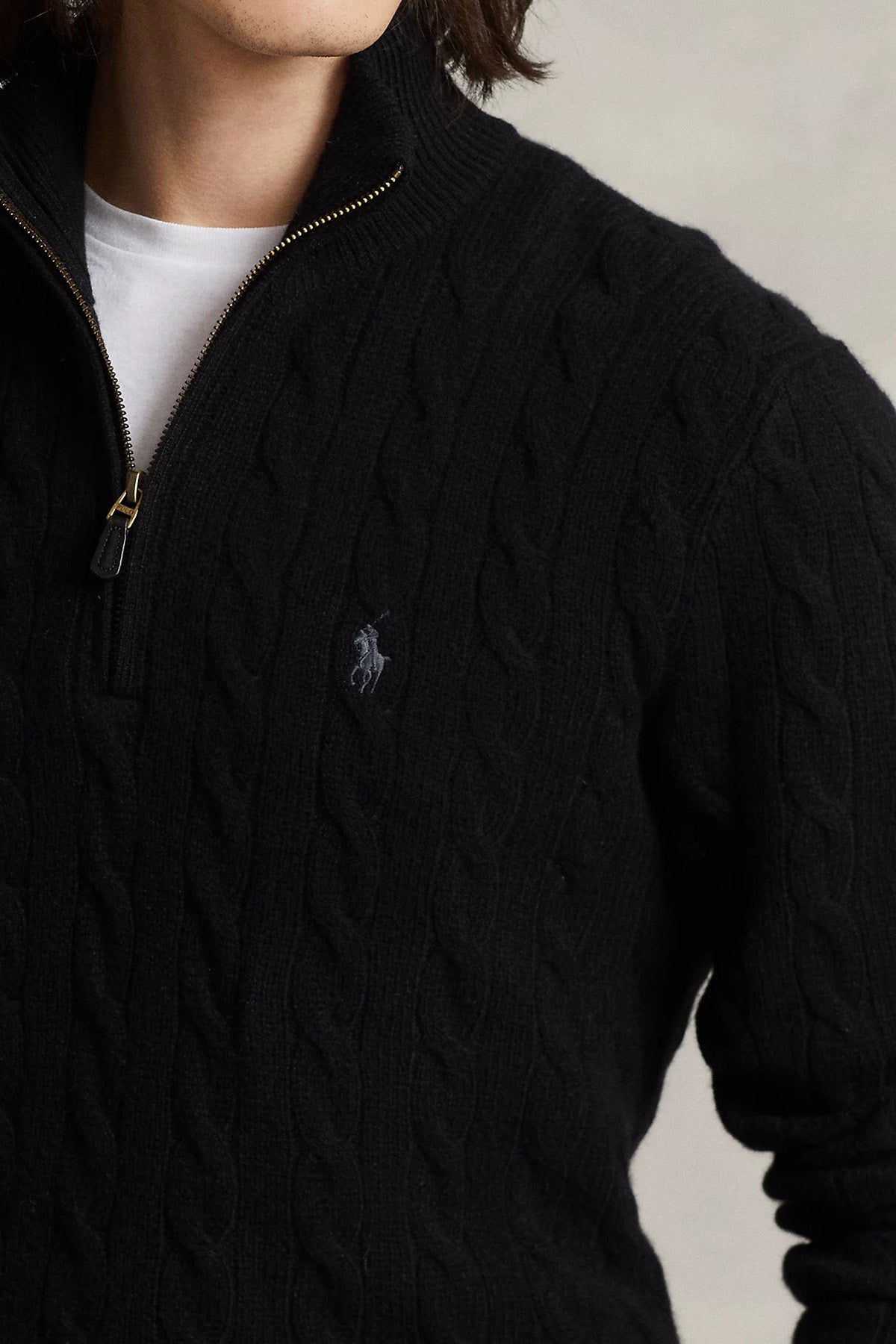 Polo Ralph Lauren Yarım Fermuarlı Dik Yaka Kaşmir Saç Örgü Yün Triko