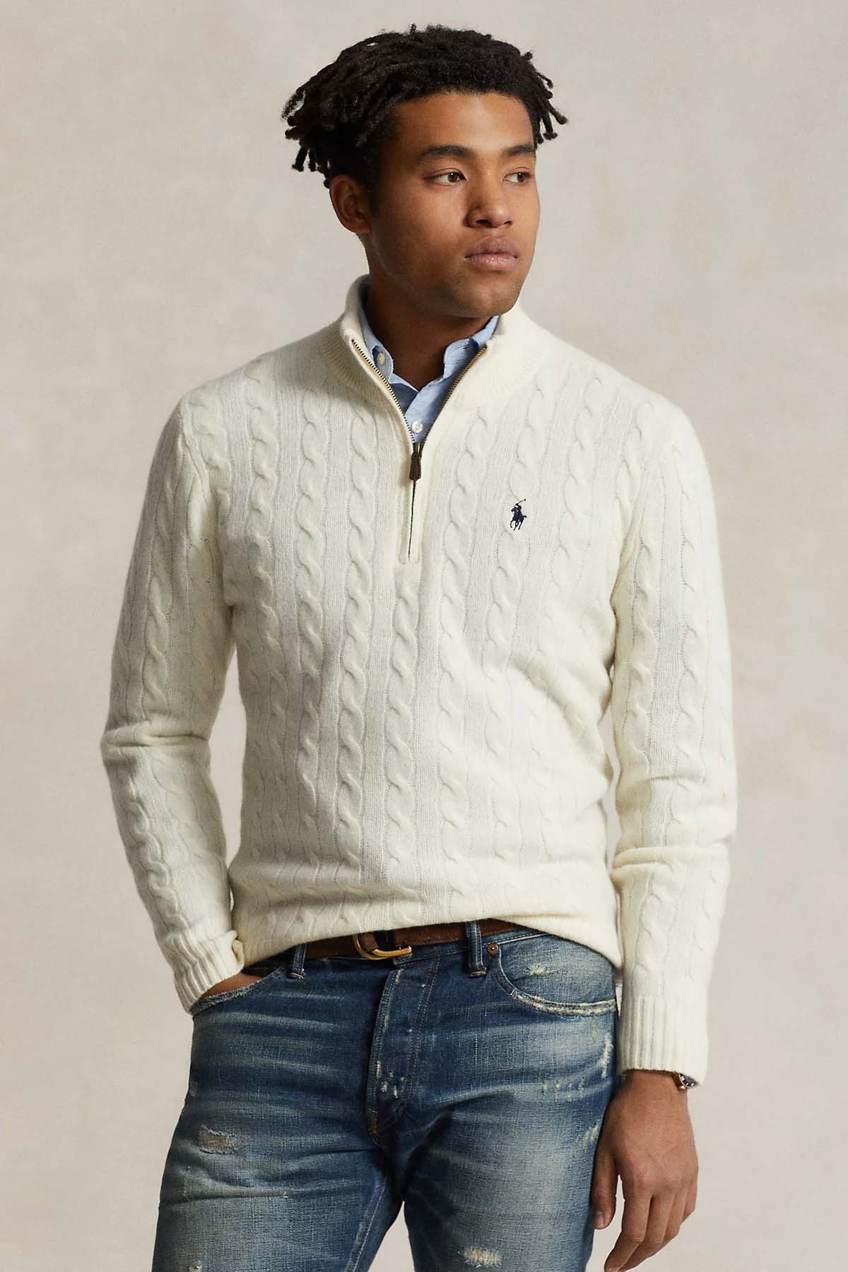 Polo Ralph Lauren Yarım Fermuarlı Dik Yaka Saç Örgü Kaşmir Yün