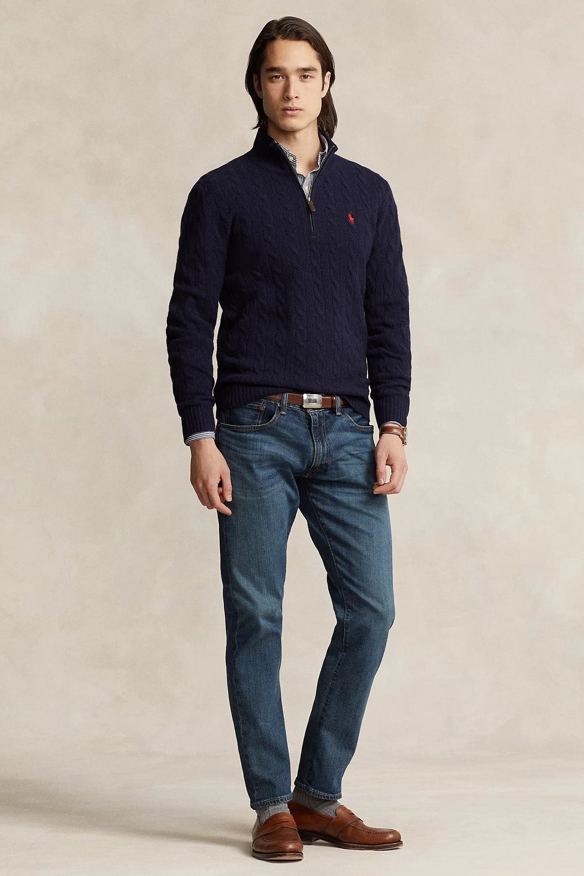 Polo Ralph Lauren Yarım Fermuarlı Dik Yaka Saç Örgü Kaşmir Yün Triko