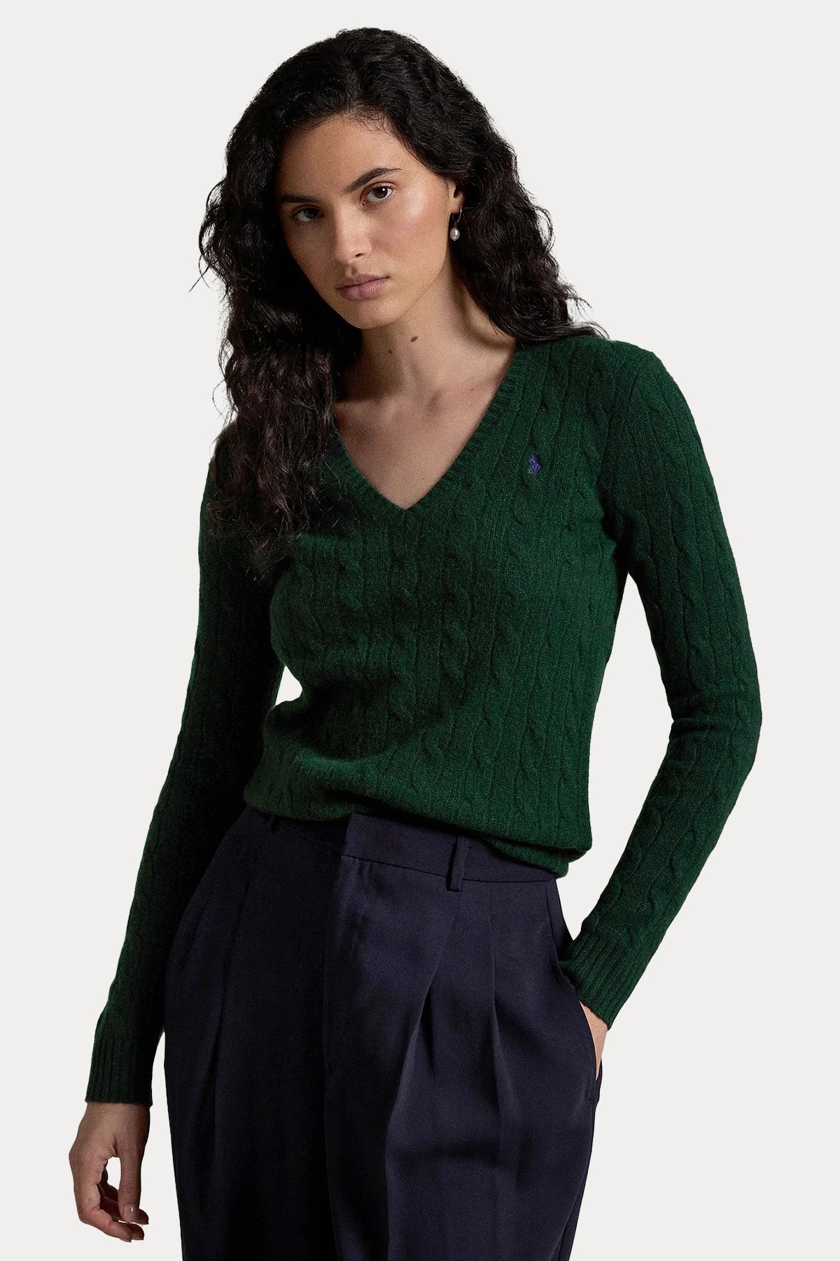 Polo Ralph Lauren Kaşmirli Slim Fit V Yaka Saç Örgü Yün Triko