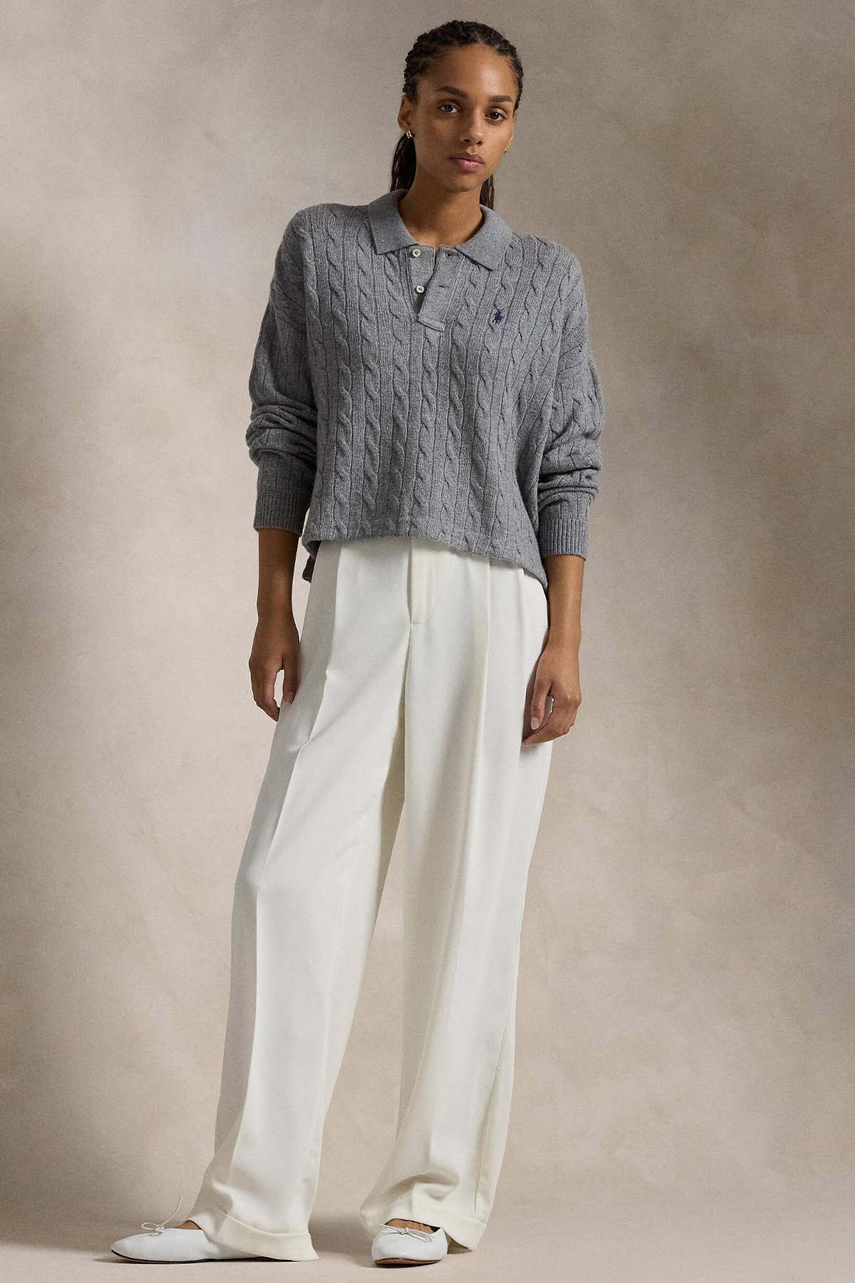 Polo Ralph Lauren Boxy Fit Polo Yaka Kaşmir Saç Örgü Yün Triko