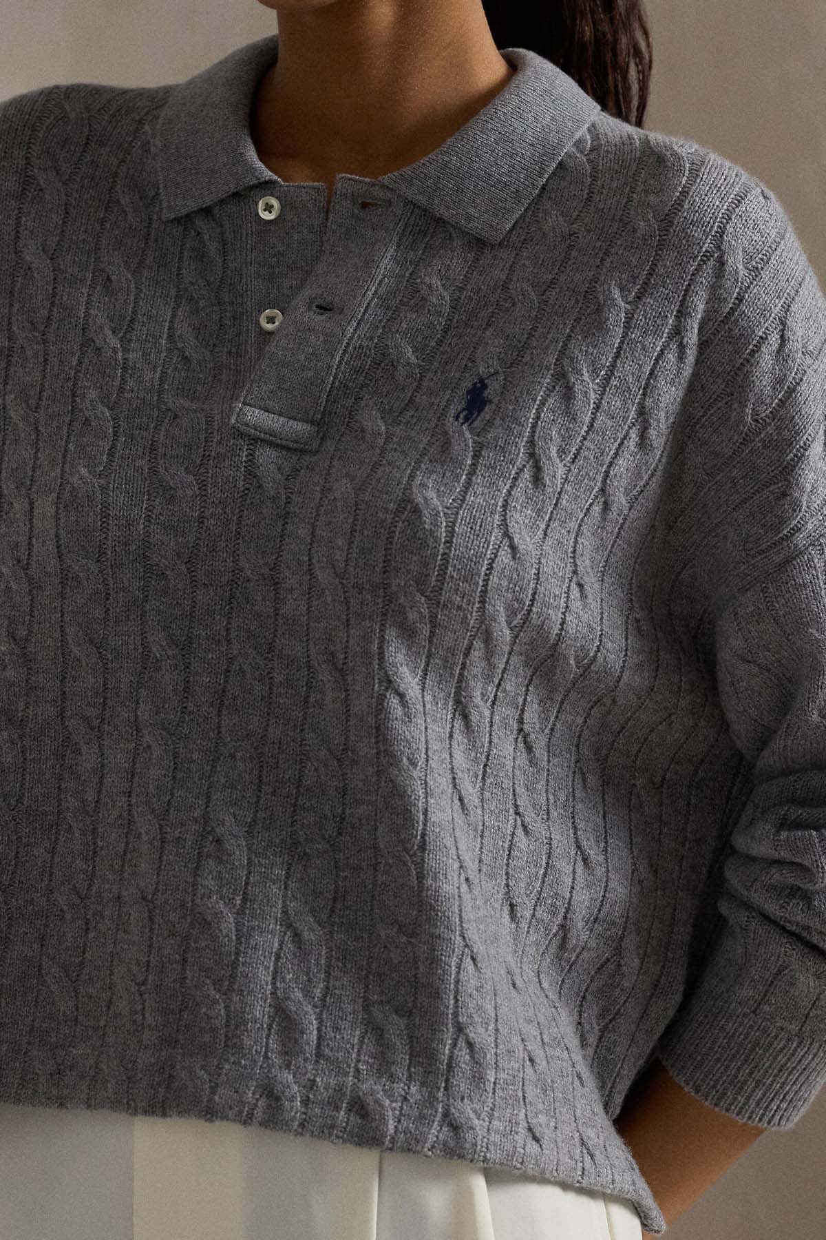 Polo Ralph Lauren Boxy Fit Polo Yaka Kaşmir Saç Örgü Yün Triko