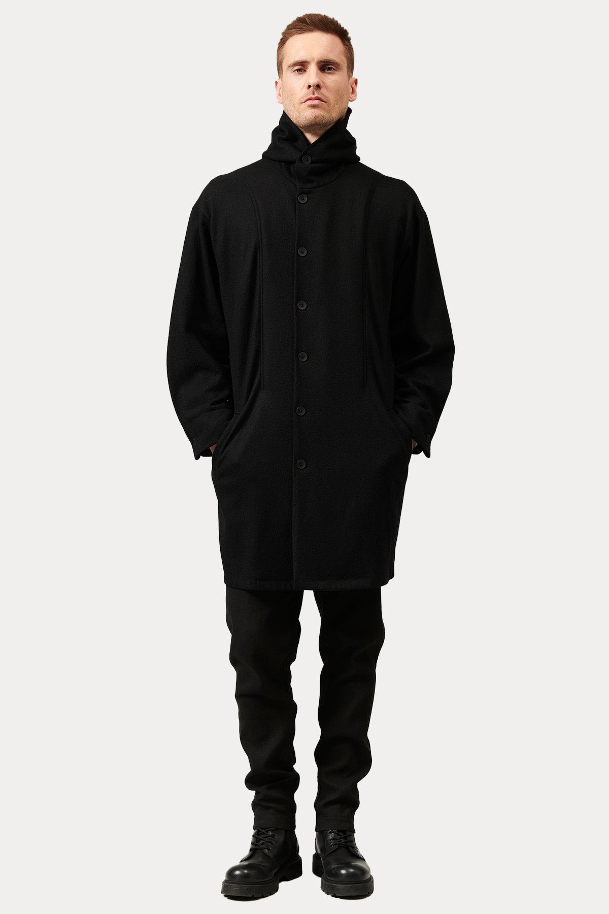 Transit Kapüşonlu Yün Uzun Ceket