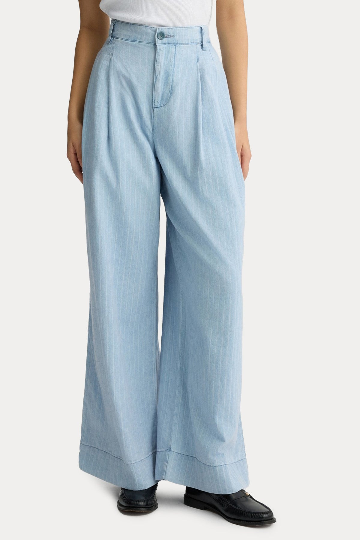 Liu Jo Geniş Kesim Çift Pileli Çizgili Denim Pantolon