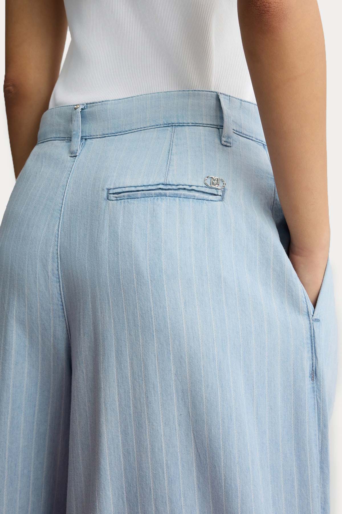 Liu Jo Geniş Kesim Çift Pileli Çizgili Denim Pantolon