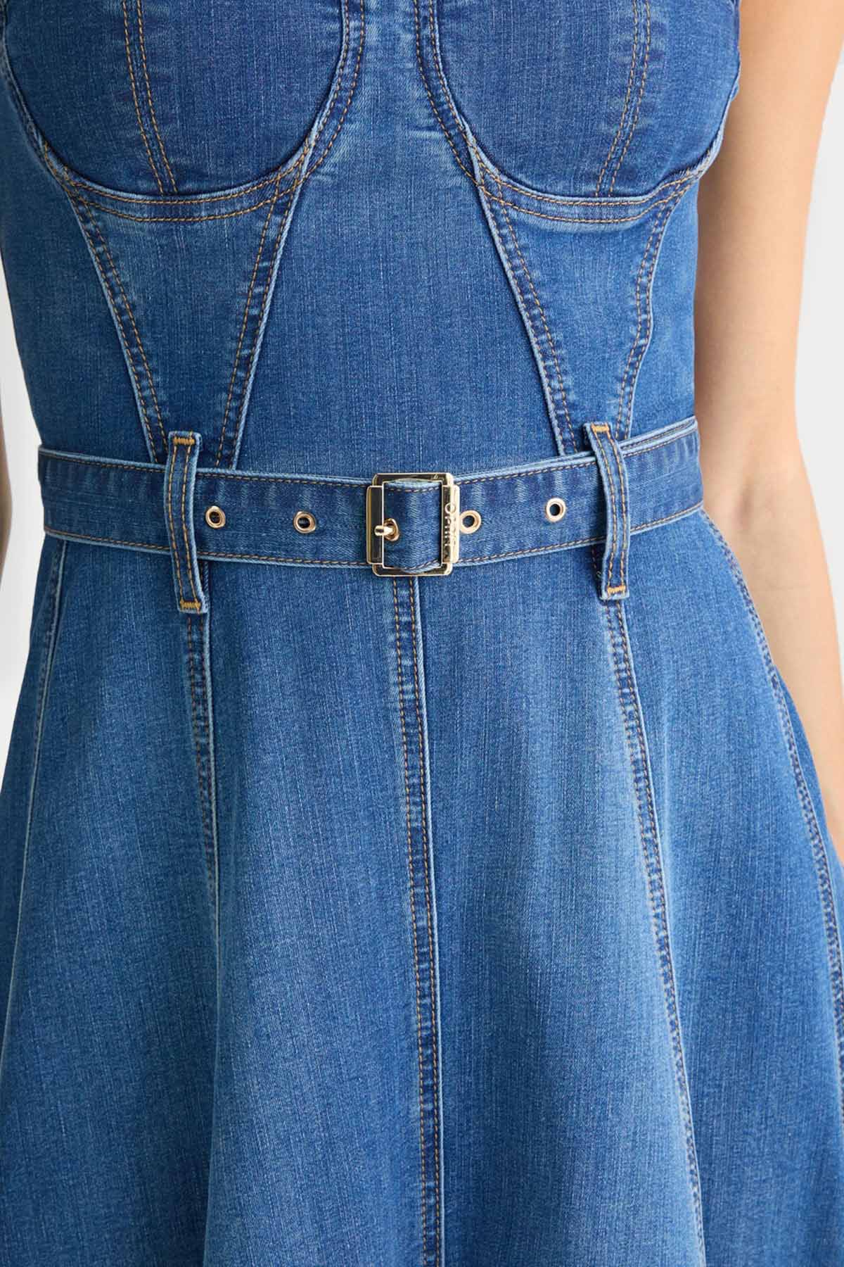 Liu Jo Kemerli Midi Denim Elbise-Elbise-Libas
