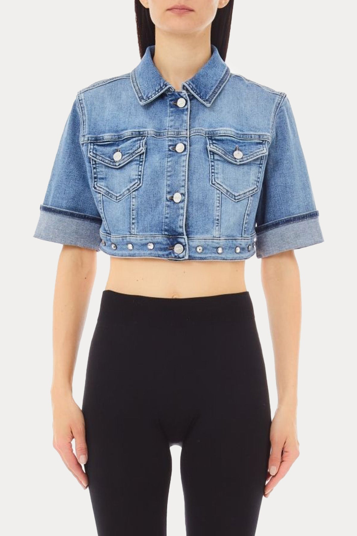 Liu Jo Parlak Taş Aksesuarlı Steç Crop Denim Ceket