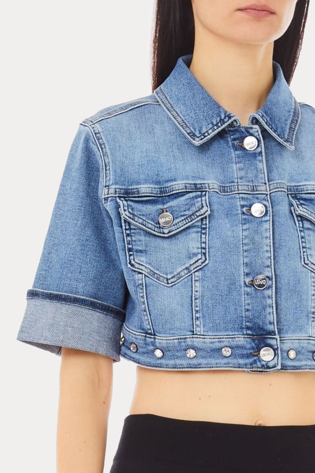 Liu Jo Parlak Taş Aksesuarlı Steç Crop Denim Ceket-Ceket-Libas
