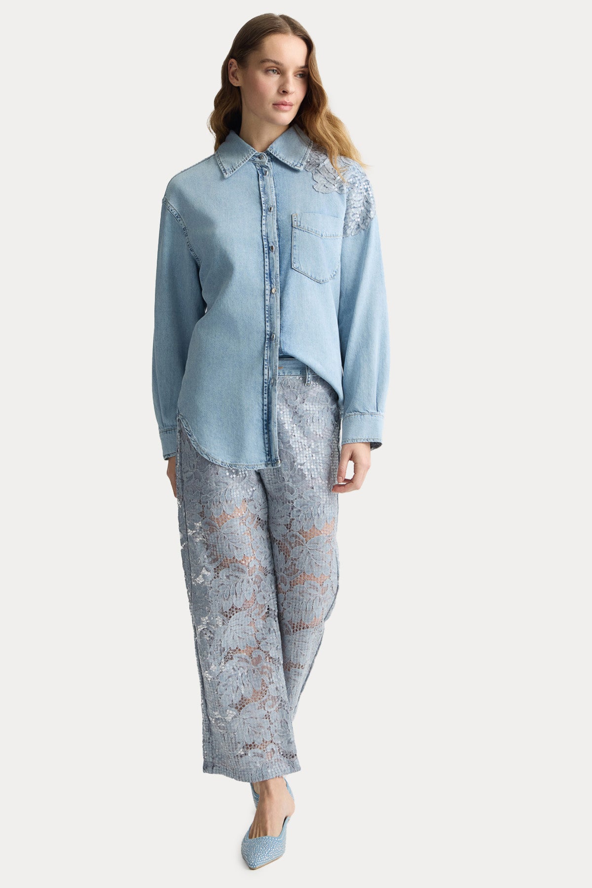 Liu Jo Relaxed Fit Dantel Nakışlı Denim Gömlek