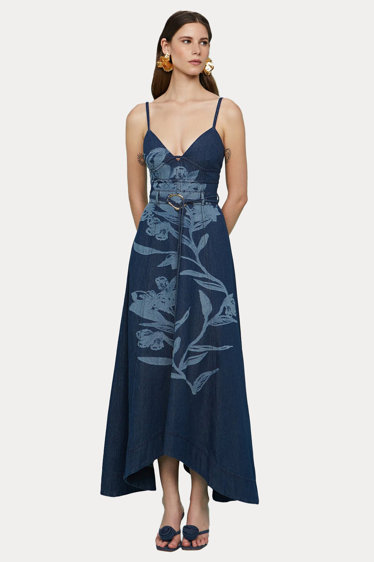 Amur Askılı Kemerli Maxi Denim Elbise