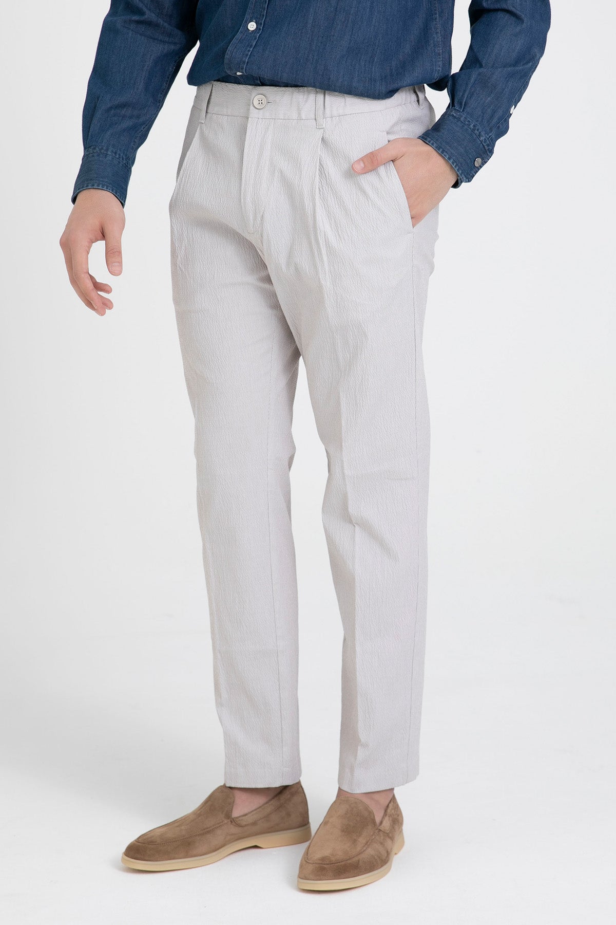 Herno Beli Lastikli Tek Pile Gofre Kumaş Yandan Cepli Pantolon