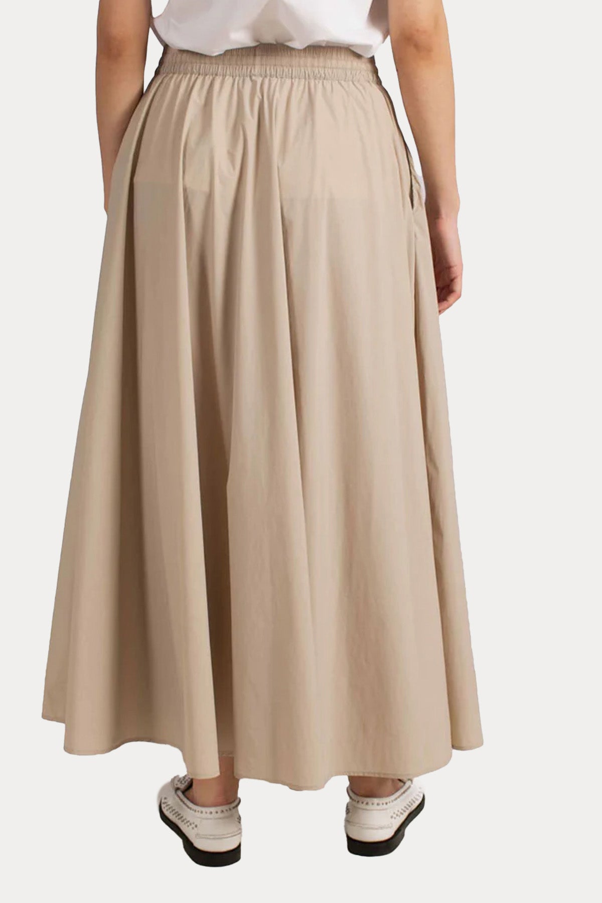 Herno Beli Lastikli Yandan Cepli Pileli Streç Midi Etek