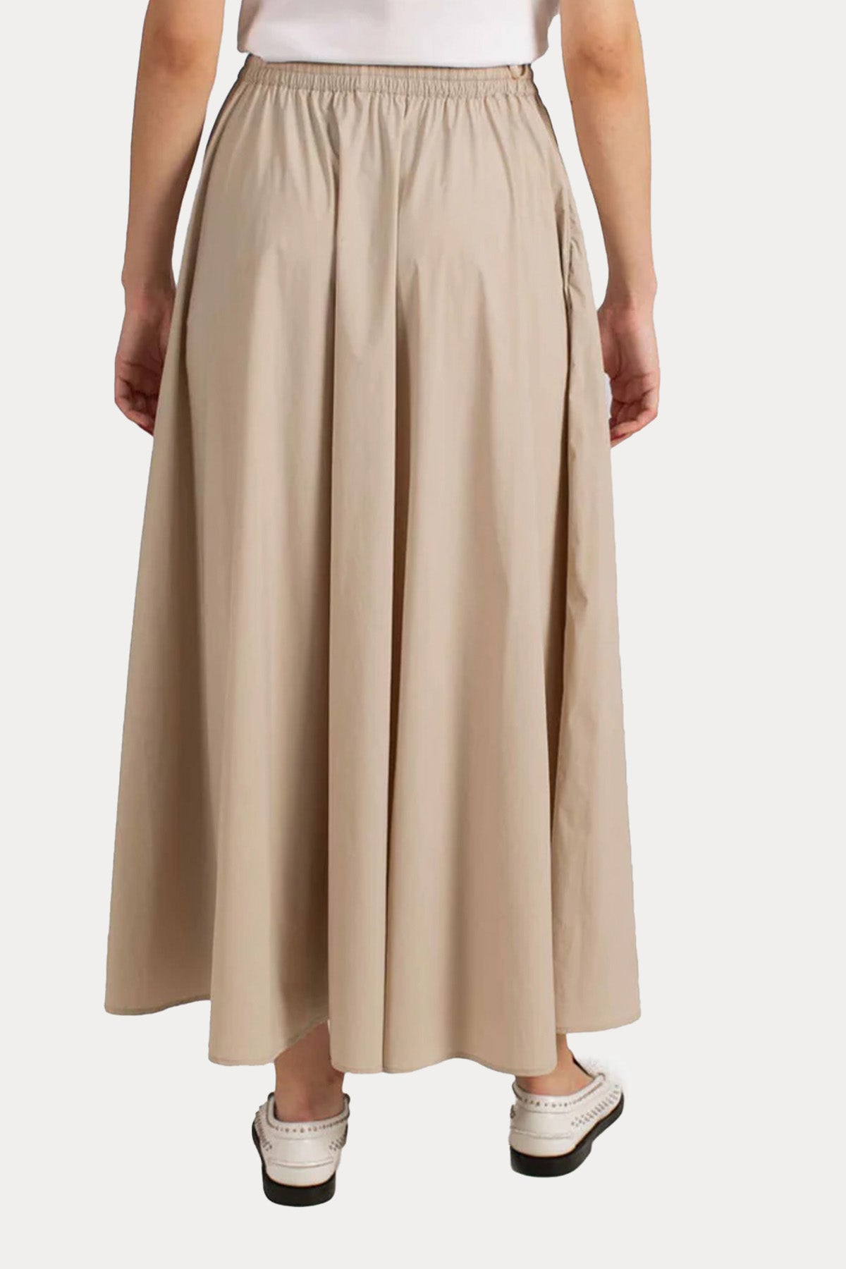 Herno Beli Lastikli Yandan Cepli Pileli Streç Midi Etek