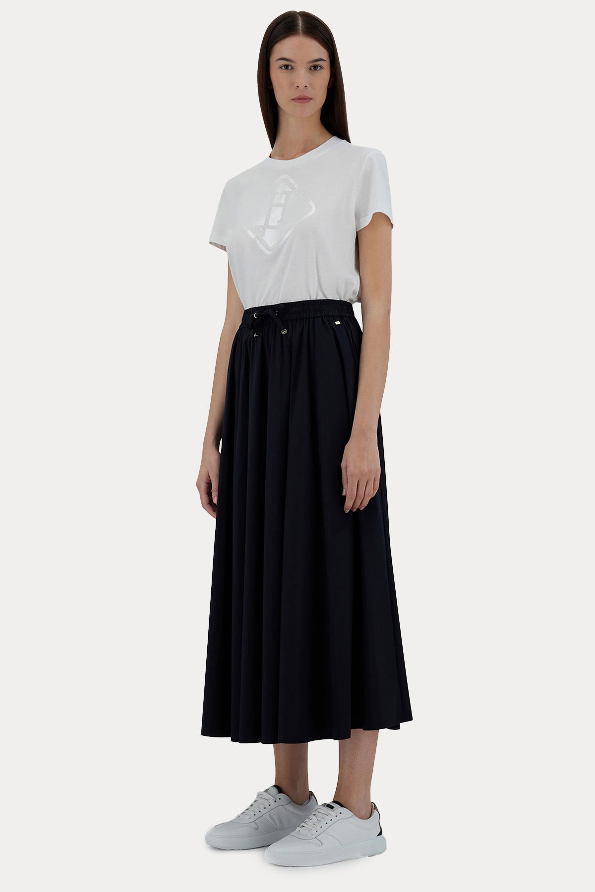 Herno Beli Lastikli Yandan Cepli Pileli Streç Midi Etek