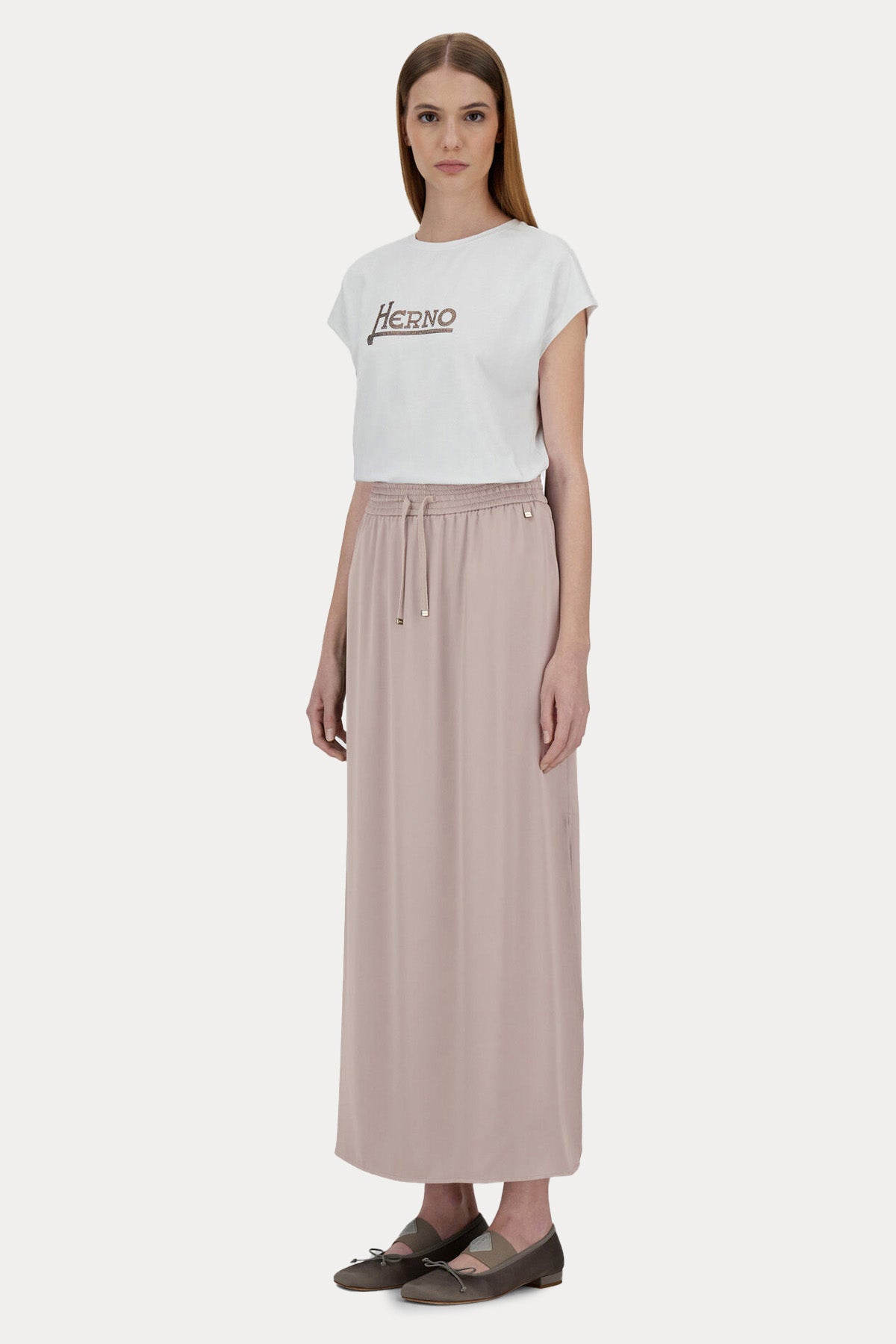 Herno Beli Lastikli Yırtmaç Detaylı Midi Etek