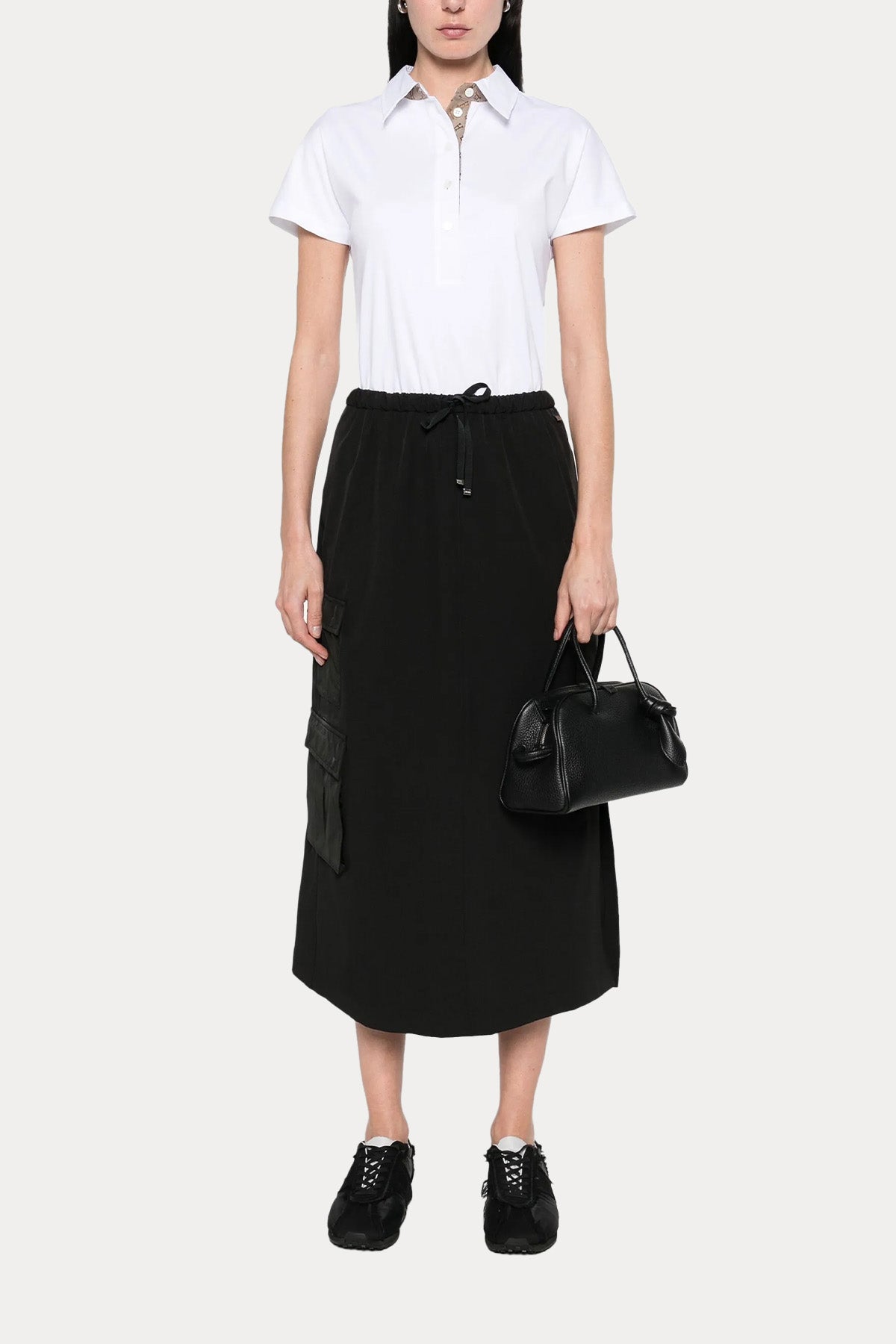 Herno Beli Lastikli Yandan Cepli Streç Midi Etek