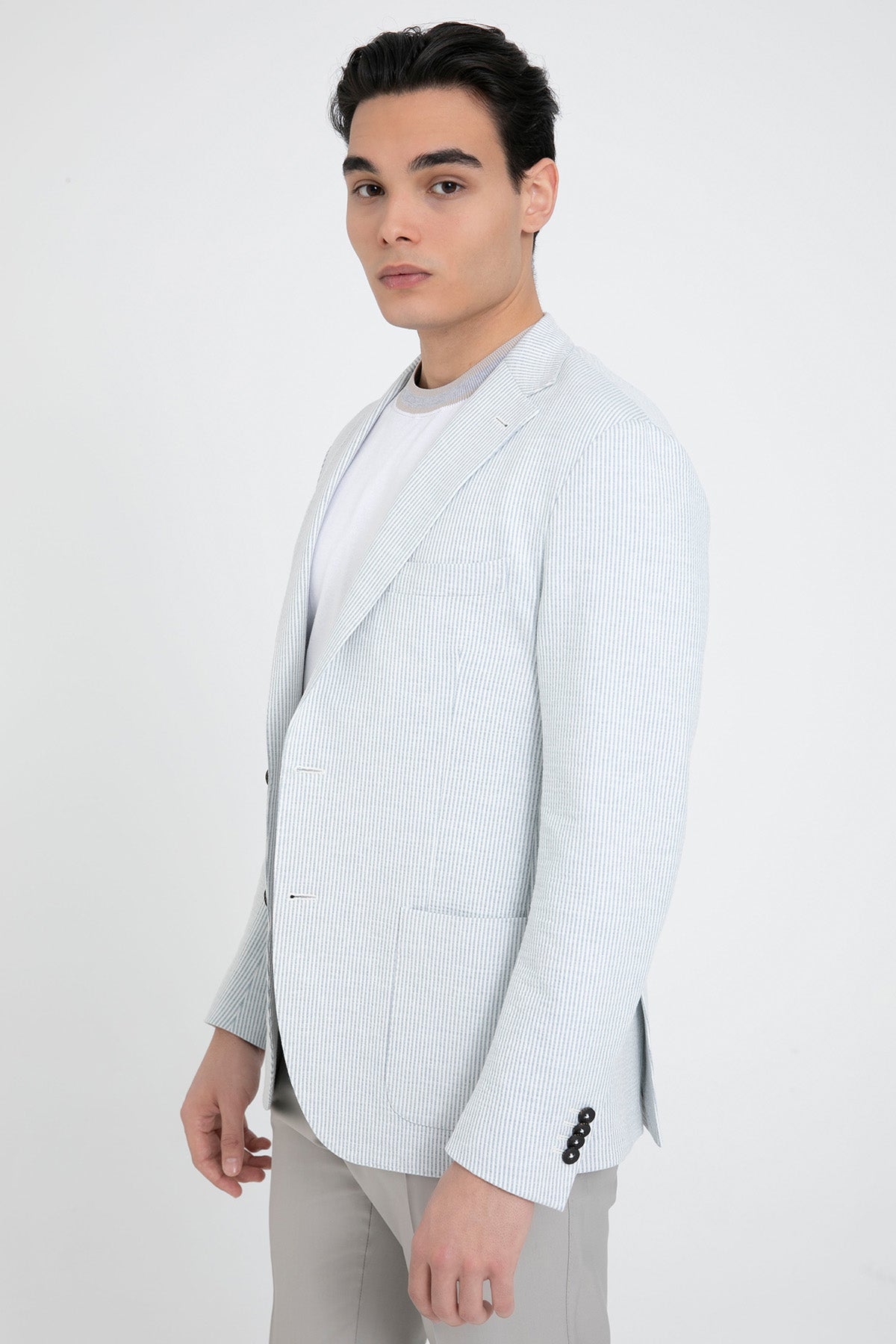 Fradi Çizgili Streç Keten Blazer Ceket