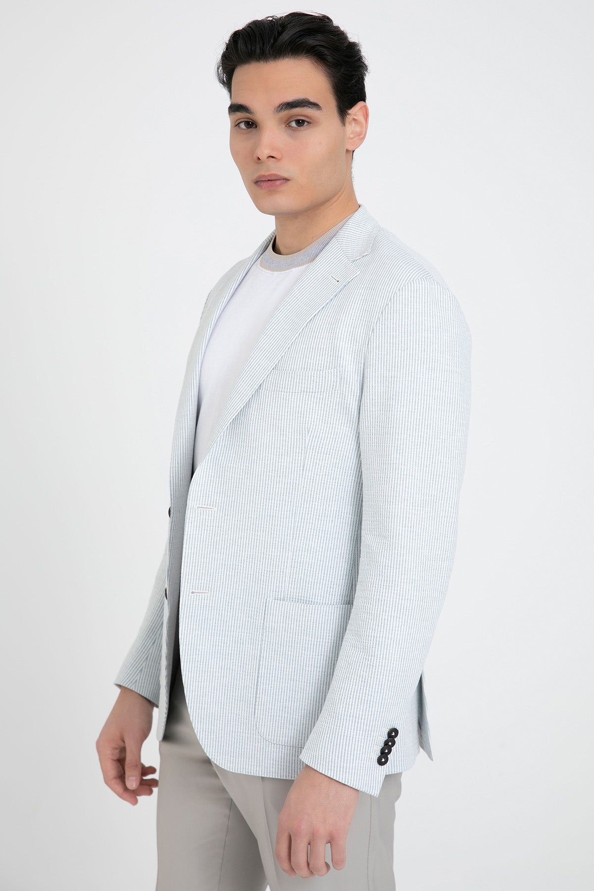 Fradi Çizgili Streç Keten Blazer Ceket