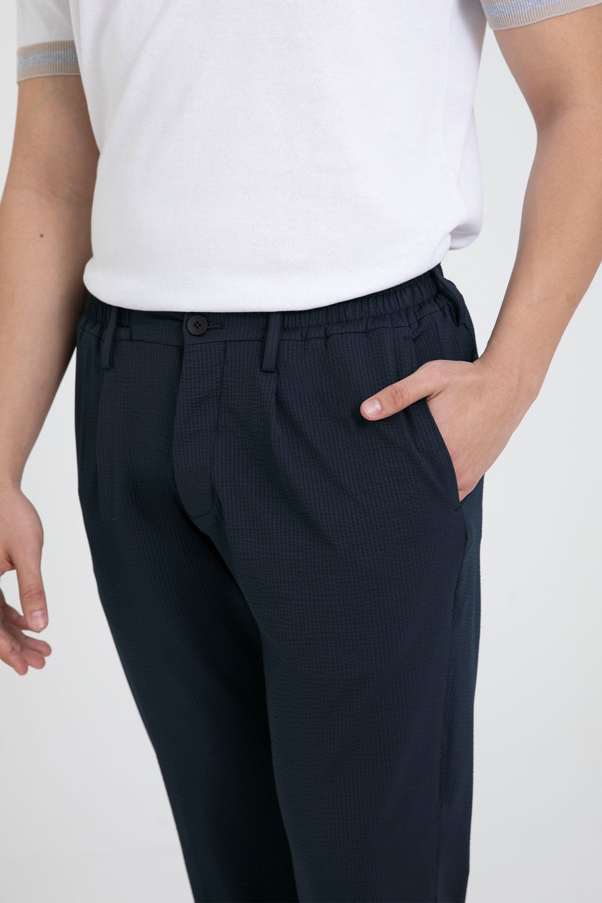 Fradi Beli Lastikli Tek Pile Gofre Kumaş Pantolon-Pantolon-Libas