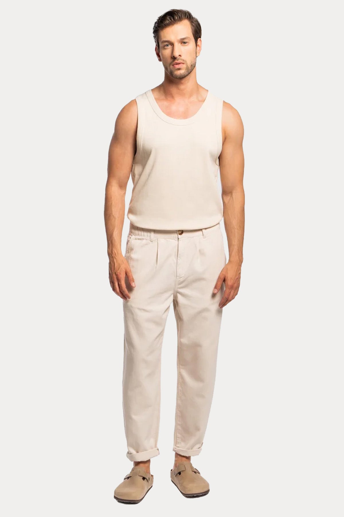 Goldgarn S1 Relaxed Fit Tek Pile Beli Lastikli Keten Pantolon-Pantolon-Libas