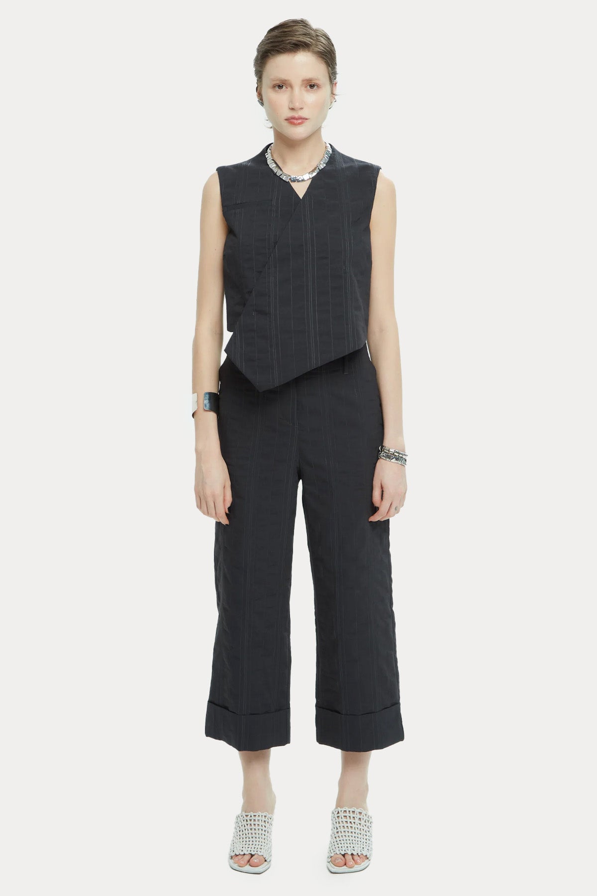 Ixos Regular Fit Yüksek Belli Çizgili Crop Pantolon-Pantolon-Libas