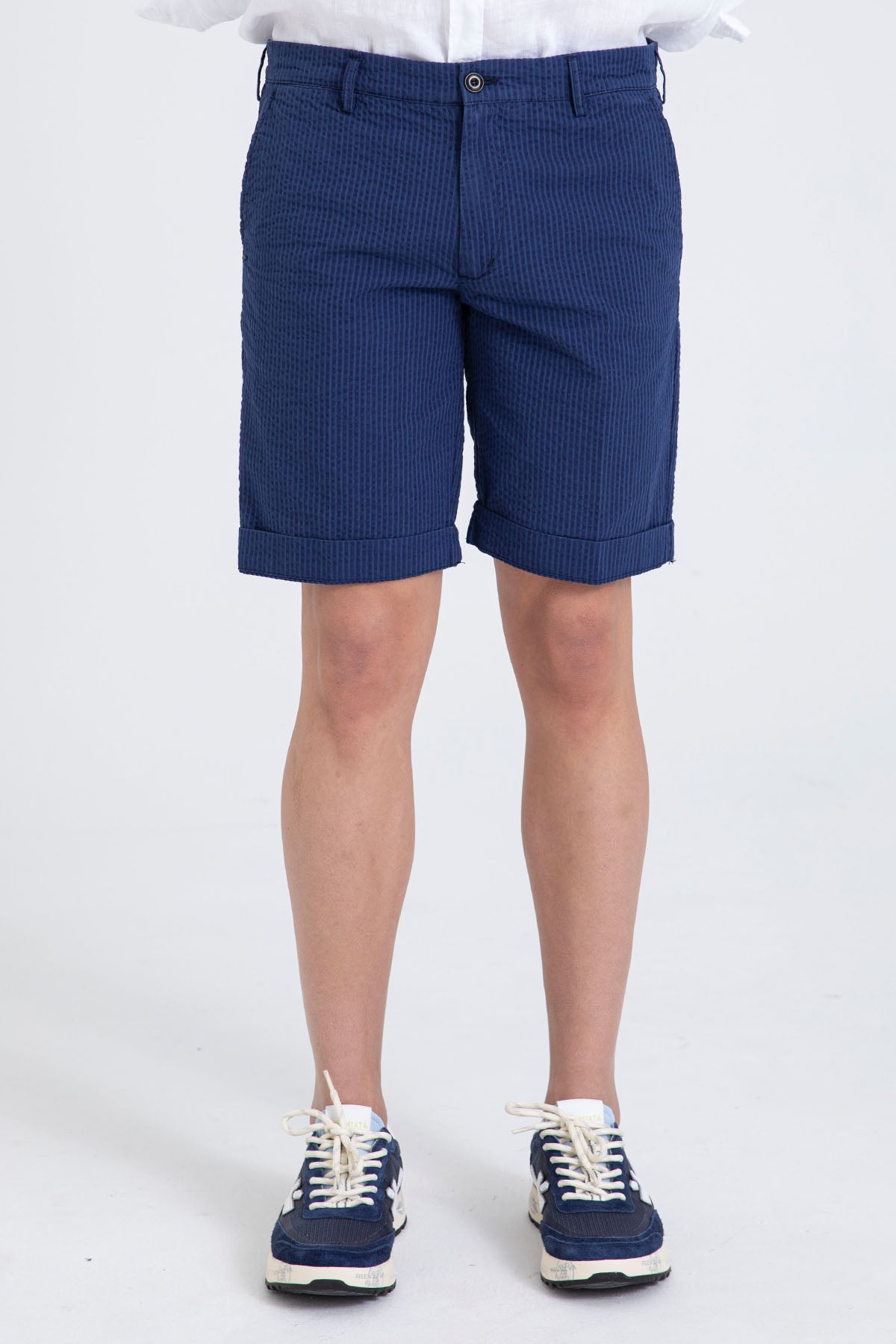 40 Weft Sergentbe İnce Çizgili Seersucker Kumaş Yandan Cepli Şort