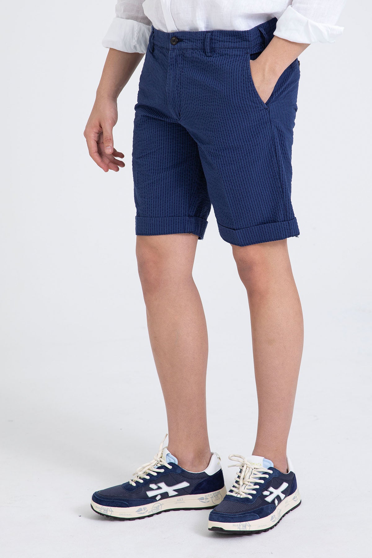 40 Weft Sergentbe İnce Çizgili Seersucker Kumaş Yandan Cepli Şort