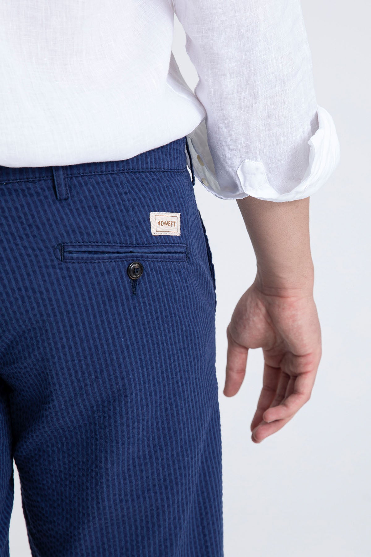 40 Weft Sergentbe İnce Çizgili Seersucker Kumaş Yandan Cepli Şort