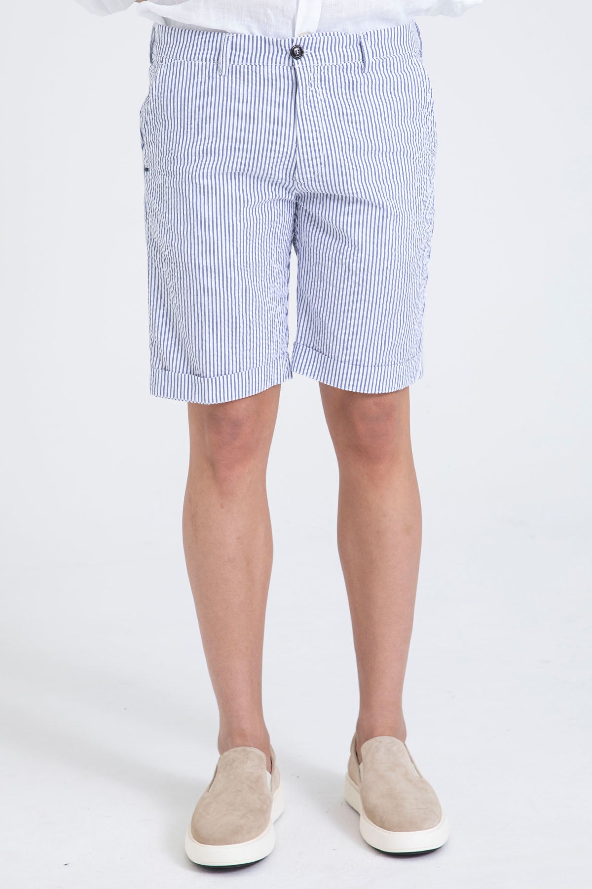 40 Weft Sergentbe İnce Çizgili Seersucker Kumaş Yandan Cepli Şort