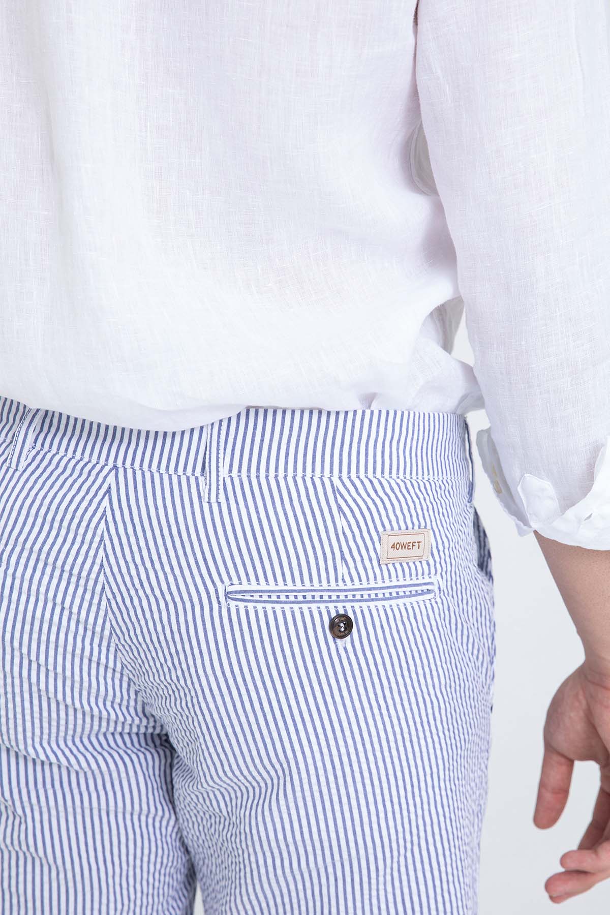 40 Weft Sergentbe İnce Çizgili Seersucker Kumaş Yandan Cepli Şort
