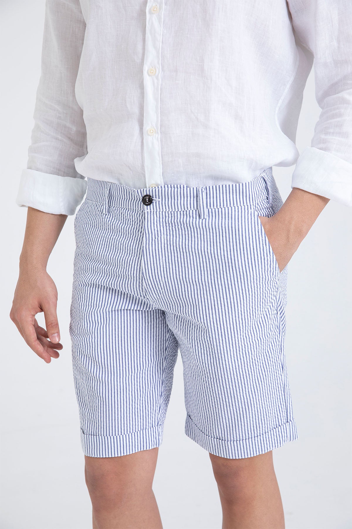 40 Weft Sergentbe İnce Çizgili Seersucker Kumaş Yandan Cepli Şort