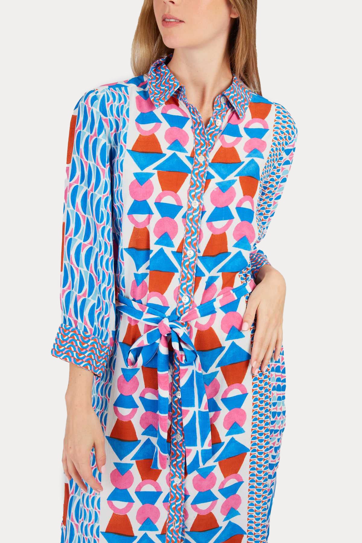 Rene Derhy Palazzo Geometrik Desenli Midi Gömlek Elbise