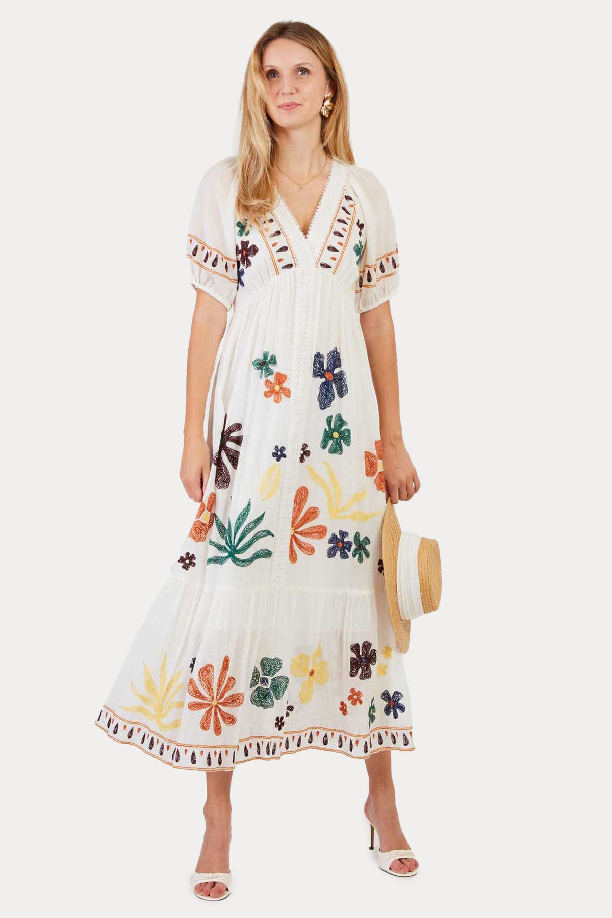 Rene Derhy Chimene Renkli Nakış Desenli Midi Elbise