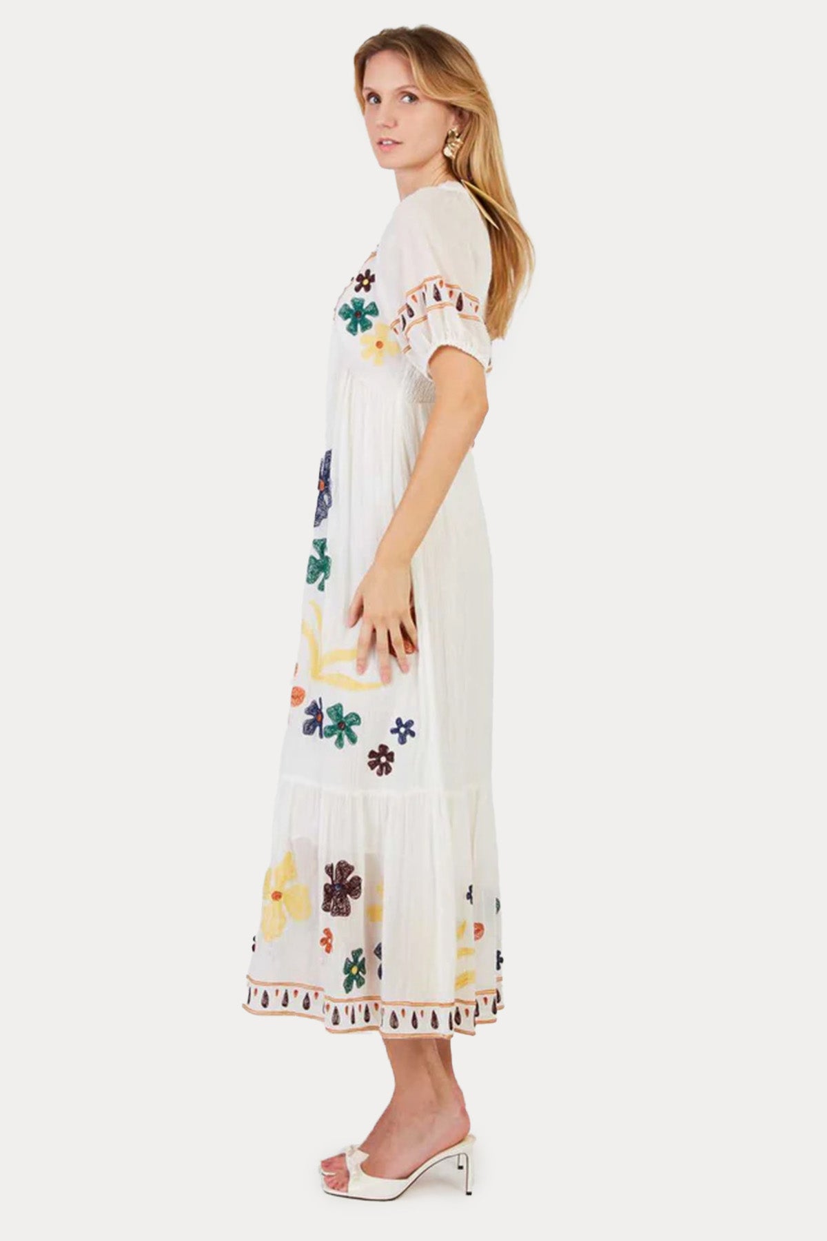 Rene Derhy Chimene Renkli Nakış Desenli Midi Elbise