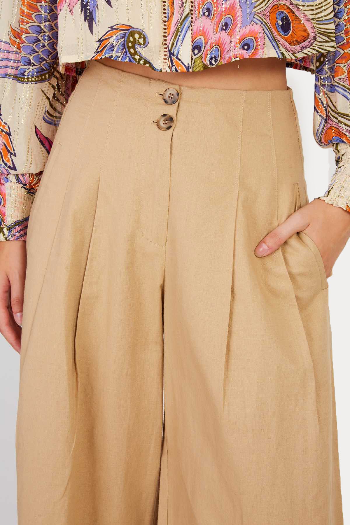 Rene Derhy Daisy Relaxed Fit Çift Pile Yandan Cepli Keten Pantolon