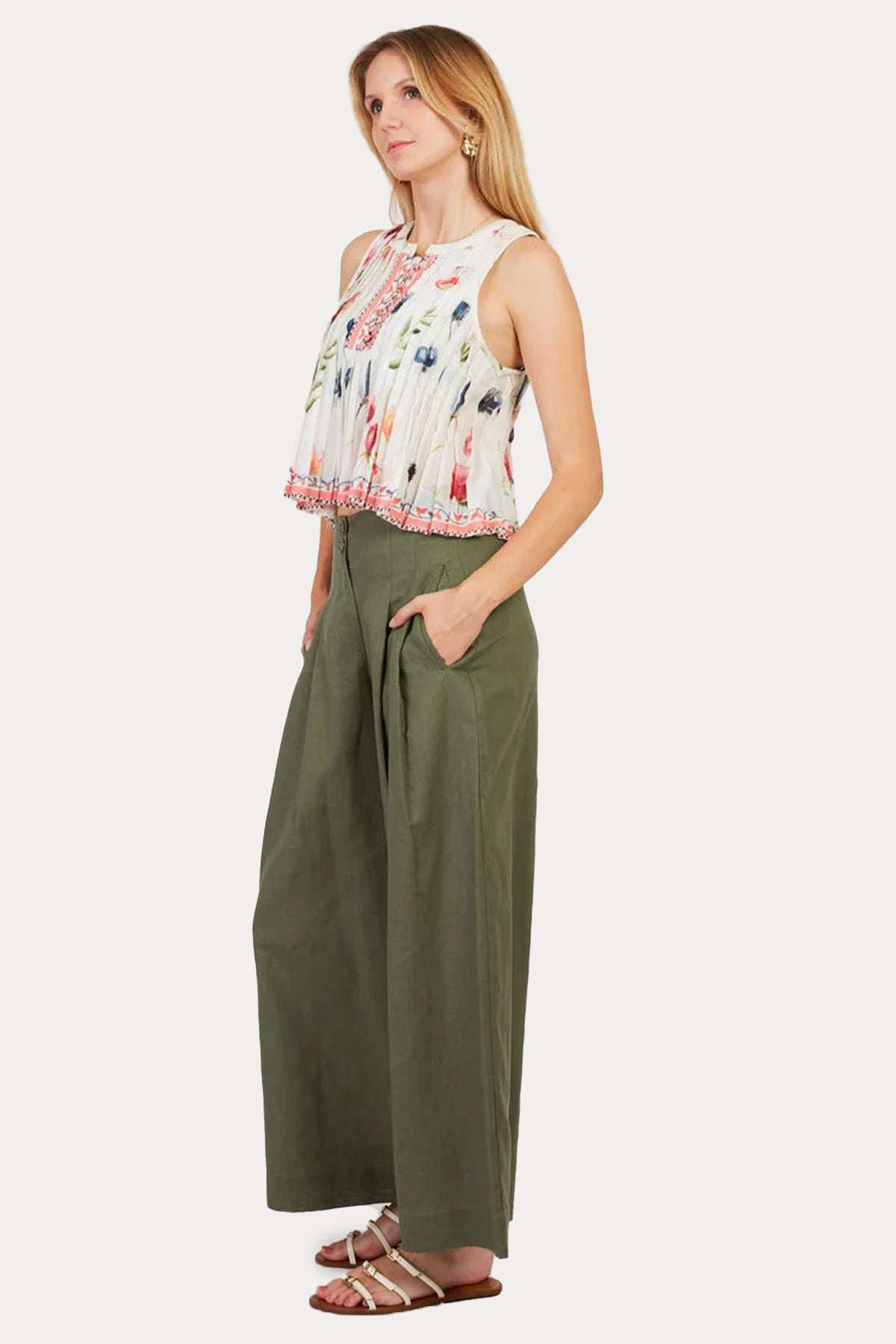 Rene Derhy Daisy Relaxed Fit Çift Pile Yandan Cepli Keten Pantolon