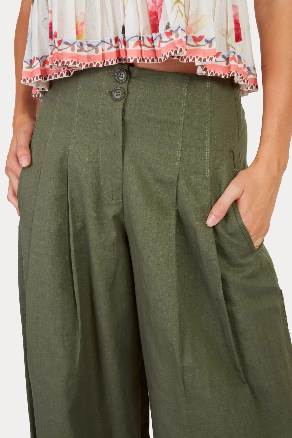 Rene Derhy Daisy Relaxed Fit Çift Pile Yandan Cepli Keten Pantolon